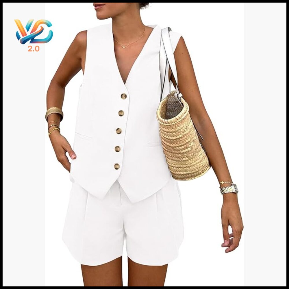 Sleeveless V-Neck Vest And High-Waisted Shorts Matching Set, 2-Piece Outfit